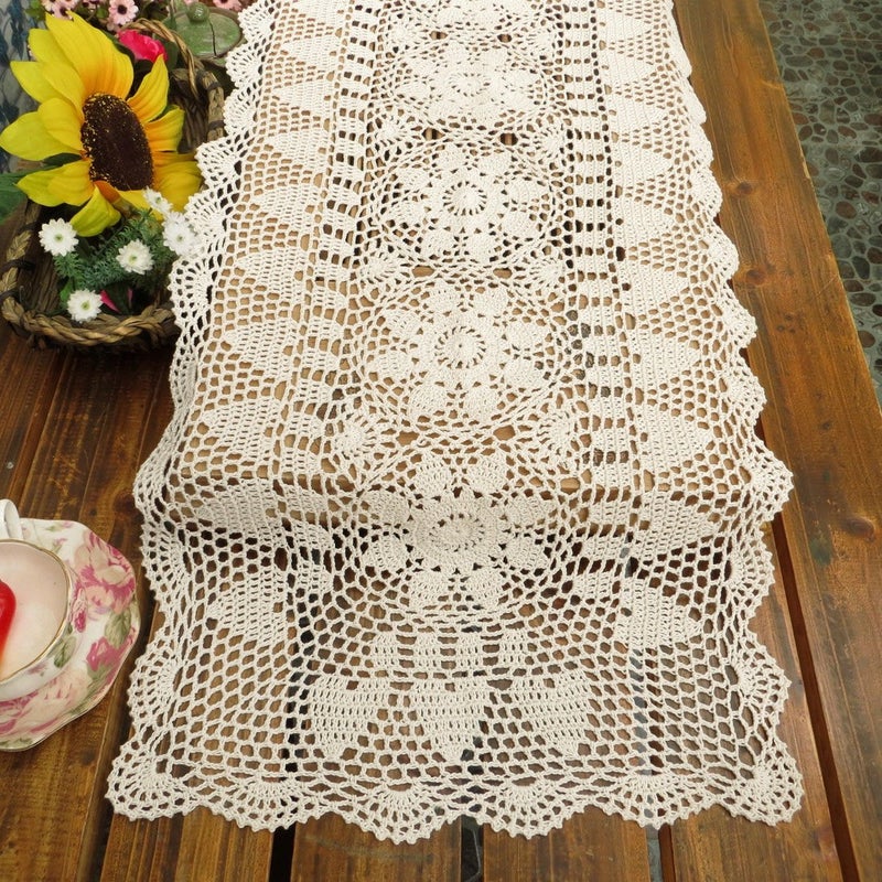 kilofly Handmade Crochet Lace Rectangular Table Runner 15 x 51 Inch, Beige - Image 2
